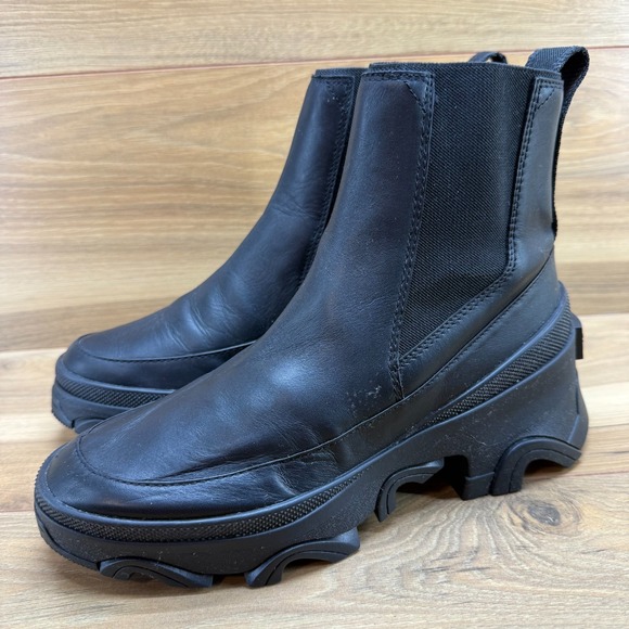 Sorel Brex Chelsea Boots Womens 8 Black Leather Waterproof Chunky - Picture 3 of 11